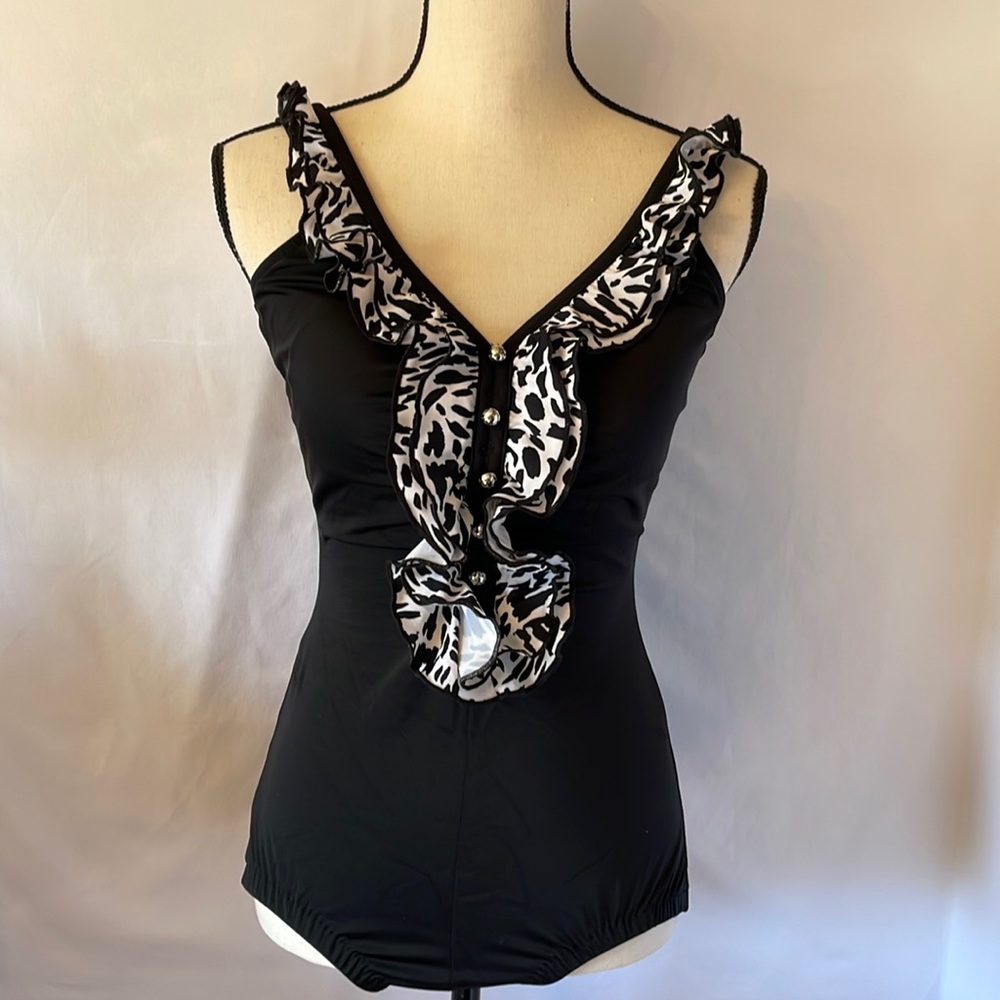 Maxine of Hollywood swimsuit one piece black with zebra print ruffle